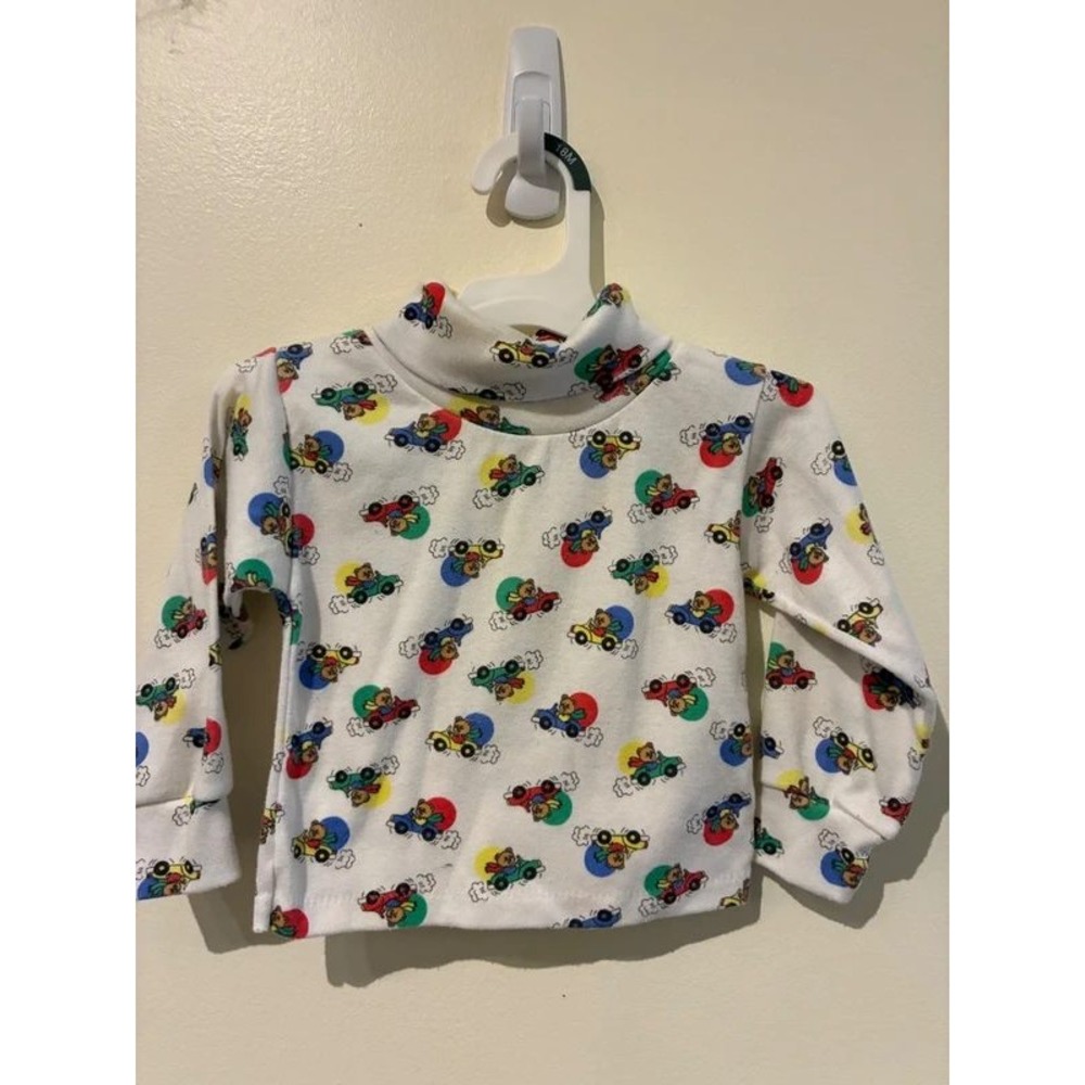 Vintage Mirror Image Kids Bear Driving Cars Mock Neck Top Size 2T